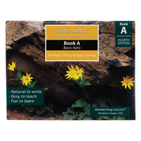 Italic Handwriting Book A cover. Yellow flowers in front of a large rock structure. Cover reads; natural to write, easy to teach, fun to learn.