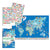 Contents of Poppik, Flags of the world map set. Completed map showing. On the left are 2 sheets of flag stickers and the packaged product below.