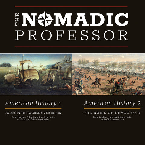 The Nomadic Professor text in white on a black background. In the middle are 2 images side-by-side. The picture on the left is of ships in the pre-Columbian Americas era. On the right is an image is a battle scene with soldiers fighting and riding horses into battle.