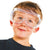 Boy with dark blonde hair wearing safety googles, smiling and looking up.