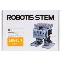 Robotis STEM Bioloid box cover. The box is white with black text and a light gray robot that has 2 feet and 6 batteries on top.