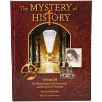 The Mystery of History volume 3 book cover. It is dark burgundy colored with lighter swirls. In the middle is a framed photo of the Galerie des Batailles, or Gallery of Battles. It has a glass ceiling and pillars, stone busts, and paintings along the walls leading down to a large scenic painting under a carved arch. On the sides of the main photo are 3 images, including; a nautical astrolabe, St. Basil's Cathedral in Moscow, and the Head of Leda painting by Leonardo da Vinci.