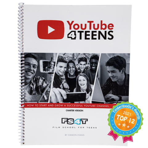 The YouTube 4 Teens workbook. It has white spiral binding cover. The title and logo are at the top in red and black. In the middle are 3 black and white photos. The left photo shows a smiling teenage boy taking a selfie. The middle shows a group of 5 smiling teenagers taking a picture of themselves with a cellphone. The right photo shows a smiling teenage boy typing at a laptop. Over the right-bottom of the picture is a "Top 12 Timberdoodle Award."