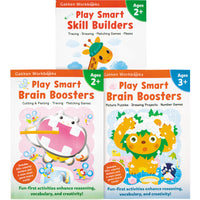 3 Gakken Workbooks. 2 on the bottom, 1 on the top. The top book reads “Play Smart Skill Builders, Ages 2+” and shows a smiling giraffe wearing a green hat. The bottom left book reads “Play Smart Brain Boosters, Ages 2+” and shows a hippo with mice surrounding him all who are brushing their teeth. The right book reads “Play Smart Brain Boosters, Ages 3+” and has an orange lion washing his green mane. Next to him is a penguin, also washing his hair.