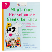 What Your Preschooler Needs to Know cover. The background is a faint blue color with a dark yellow border along the spine side and a magenta starburst with a white P in the upper-left corner. The book title is written at the top in green and magenta. Below and to the left is a cow with a yellow P fridge magnet over the top and a picture of children stacking blocks in a classroom below.