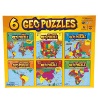 Geo Puzzles box cover. The top shows the logo with a large 6, indicating there are 6 puzzles inside. There are 6 images below of the map puzzles that are contained inside. The top row shows maps of the world, U S A with Canada, and Europe. The bottom row shows Latin America, Asia, and Africa with the Middle East. The box is orange and yellow with a variety of colors on the map images.