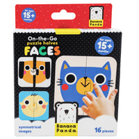 On the Go, Puzzle Halves, Faces box. The main part of the box is black with white polka dots. The top is red with white polka dots. In the middle, you can see 3 puzzles of a dog, baby, and cat. The puzzles are split in half with a tab in the middle. There is a baby’s hand in the lower-right of the box pointing to the cat puzzle. There is a Banana Panda logo in the bottom-middle and text reading “16 pieces” in the bottom-right corner.