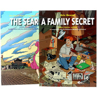 The Search and A Family Secret book covers. The Search cover shows a girl running through a plowed farming field away from military vehicles and a farmhouse. The Search is covered over by A Family Secret that is in front. A Family Secret cover shows a red-haired teenage boy in an attic with scattered books and photos. He is holding a covered dagger and a Star of David and looks concerned.