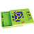 The Cat and Mouse game slid open to show the bottom of the board is storage for the playing pieces. The game board is bright green with illustrations around the board of pets, outside objects, pet snacks, and pet homes. There are blue and yellow square pathway pieces placed in the middle of the board, in a grid of 3 by 3.  There are only 5 of the 9 playing pieces placed on the board.