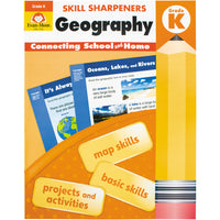Skill Sharpeners Geography Grade K book. The background is mainly orange with a white top containing the title. In the middle are 2 sample pages from the book, one titled “Oceans, Lakes, and Rivers" with pictures of an ocean and forest with a lake. Over the top of the pages is a rounded orange shape with rectangular shaped boxes and the following text inside; map skills, basic skills, and projects & activities. To the right is a huge pencil illustration, standing from bottom to top.