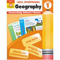 Skill Sharpeners Geography Grade 1 book. The background is mainly orange with a white top containing the title. In the middle are 2 sample pages from the book, titled “Which Way?" with neighborhood illustrations, and “Farms” with farm pictures. Over the top of the pages is a rounded orange shape with rectangular shaped boxes and the following text inside; map skills, projects & activities, and places & environments. To the right is a huge pencil illustration, standing from bottom to top.