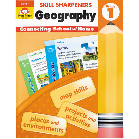 Skill Sharpeners Geography Grade 1 book. The background is mainly orange with a white top containing the title. In the middle are 2 sample pages from the book, titled “Which Way?" with neighborhood illustrations, and “Farms” with farm pictures. Over the top of the pages is a rounded orange shape with rectangular shaped boxes and the following text inside; map skills, projects & activities, and places & environments. To the right is a huge pencil illustration, standing from bottom to top.