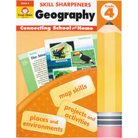 Skill Sharpeners Geography Grade 4 book. The background is mainly orange with a white top containing the title. In the middle are 2 sample pages from the book, titled “Reading” and “Visual Literacy.” Over the top of the pages, is a rounded orange shape with rectangular shaped boxes and the following text inside; map skills, projects & activities, and places & environments. To the right is a huge pencil illustration, standing from bottom to top.