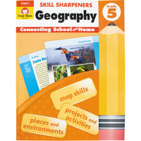 Skill Sharpeners Geography Grade 5 book. The background is mainly orange with a white top containing the title. In the middle are 2 sample pages from the book, titled “Reading” and “Visual Literacy.” Over the top of the pages, is a rounded orange shape with rectangular shaped boxes and the following text inside; map skills, projects & activities, and places & environments. To the right is a huge pencil illustration, standing from bottom to top.