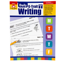 Daily 6 Trait Writing Grade 2 book. The background is white at the top, purple in the middle, and has a border at the bottom with many colored rectangles. There are colored squares off to the right with a letter in each square, including; M, T, W, T, F. There are 2 sample pages in the middle that show writing activities and illustrations.