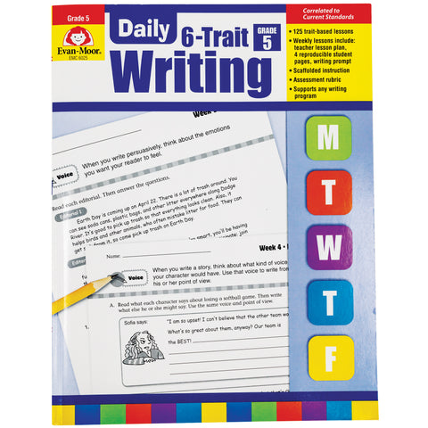 Daily 6 Trait Writing Grade 5 book. The background is white at the top, purple in the middle, and has a border at the bottom with many colored rectangles. There are colored squares off to the right with a letter in each square, including; M, T, W, T, F. There are 2 sample pages in the middle that show writing activities and illustrations.