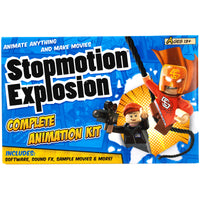 Stopmotion Explosion Complete Animation Kit box. The box is mainly blue with comic book illustrations throughout. Under the title on the left is a yellow section with the following text: “includes software, sound F X, sample movies, and more.” To the right of the box is an explosion of 2 Lego characters tearing through the background. The male superhero, hanging from a rope, is wearing a red suit, cape, and orange helmet with glowing white eyes. The girl on the left is holding a movie camera.