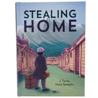Stealing Home book cover. The background shows snowy mountains with green trees toward the bottom and coming forward. In Front, with his back showing, is a boy in gray pants and a long jacket, wearing a white and red baseball cap and holding a baseball glove in his right hand. Next to him on the grass to his left is a brown suitcase and a baseball in the grass to his right. He is looking toward the mountain with cabins on each side and one between him and the mountain.