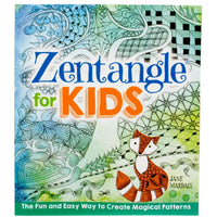 Zentangle for Kids book. The cover has many patterns of many shaped all over the cover. The watercolor type background is greens and blues. In the lower-right corner is an orange and white fox with patterns and shapes throughout his body. The text in the green border at the bottom reads “the fun and easy way to create magical patterns.”