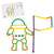 GeoStix Letter Construction activity card and figure. The card in the top-left is of an astronaut holding a flag. In the upper-right of the card, it shows which pieces are needed to complete the activity. Below the card is the astronaut completed with the GeoStix pieces. The pieces are in a variety of straight and rounded shapes in many colors, including; green, bright green, orange, yellow, blue, and purple. The straight and curved pieces are in many colors and snapped together to create the shapes.