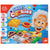 The Smart Cookies game box. The box shows an illustration of a man, looking like Albert Einstein, pulling a cookie sheet game board out of an oven with the cookie game pieces jumping off the board. The cookie pieces are red, yellow, and, blueish-purple and are triangle, circle, and square shaped. There are icons to the left that show details about the game, including; “progressive, logic, 64 smart puzzles, 1 player, and for ages 6 +.” Box also reads “A delightful game for the brain.”