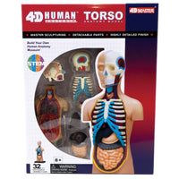 The 4D Human Anatomy Torso Puzzle model box. The box has a white, burgundy, and purple background with a half circle window in the middle, so you can see the puzzle components. There is a completed model shown on the right side of the box. The pieces seen through the box window are 2 halved head pieces, a ribcage, the main torso piece showing organs, a liver, lungs, and intestines. Set comes with 32 parts, a stand, and an assembly guide.