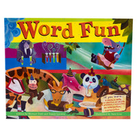 Word Fun book cover shows 3 scenes. 2 scenes on the top are a walrus holding steaming test tubes on the left, and a hippo in a dress swinging from a tree on the right. The bottom scene shows many animals at a birthday party around a table enjoying food and drinks while wearing party hats. The title at the top is in a bright yellow border. A squirrel in the bottom-right is holding a sign reading “If you were… a noun, a verb, an adjective, an adverb, a pronoun, a conjunction, an interjection, a preposition.”