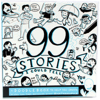 99 Stories I could Tell cover. Black, white, and blue outline illustrations of people doing various activities.