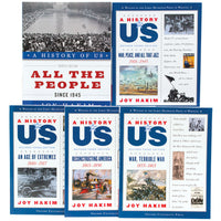 A History of US set 2. 2 books stacked 3. 4 of the covers are white with a dark blue border and dots down the middle. Left side has the title, a brief description, and an image. Right side has text and 3 smaller images. Book 5 cover shows a crowd around the D C Reflecting Pool. The books titles and dates are: 1. War, Terrible War, 1855 to 1865. 2. Reconstructing America, 1865 to 1890. 3. An Age of Extremes, 1880 to 1917. 4. War, Peace, and All That Jazz, 1918 to 1945. 5. All the People, Since 1945.