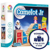 Camelot Junior game box. The box is standing, showing the cover. The main part of the cover shows the game in play with a knight piece and a princess piece standing on top of several wood block pieces with castle walls painted on them in different colors. You can see a few challenge cards on the right. The box indicates that it is a 1 player game for ages 4 and up. There are 48 challenges. There is a badge reading “Winner! A top 10 gift of 2022” in the bottom-right.