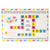 Candygrams game box back. The white box has pink, yellow, and blue dashes that border the box. Text on top reads “Candygrams is as simple as rolling the dice, matching colors, and making words. But to win, you’ll need just the right combination of skill, strategy, and luck.” Below is a crossword sample with pink, yellow, and blue letter tiles. The crossword words are dice, make, match, colors, roll, and words.  In the upper-left are 2 dice with colored dots on each side in pink, yellow, and blue.