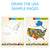 The Draw the U S A sample pages, 2 pages from the book shown. The left page shows Ohio being drawn in red and connected to the north-eastern states. The right page shows the whole USA drawn out and colored different colors. The bottom of the pages are bordered with town buildings, skyscrapers, houses, trees, clouds, planes, and iconic buildings from around the USA.