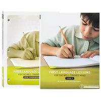 First Language Lessons 3 set, including the student and teacher’s books. Both books have a large picture on the cover of a dark-haired boy looking down and concentrating on his writing in a notebook on a table. Over the bottom of the image is a transparent lime green wavy border with the text “First Language Lessons for the Well-Trained Mind, Level 3” in the middle. The Student Workbook, that is tucked behind the teacher’s book has a yellow hue to the entire cover and 3 hole punches on the left side.