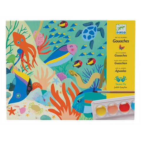Djeco Natural World Workshop box cover. The main picture is of an underwater scene with coral, rocks, starfish, and creatures in many colors and shapes covering the sea floor. There are many different types of fish and an eel, octopus, and turtle. There is a dark yellow border on the right side of the box with a paintbrush and a tray of paint over the top in the lower-right corner.