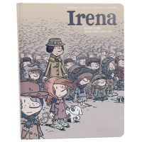 The Irena, Book 1, Wartime Ghetto cover. The background is grayish beige and shows a mass of children in tattered clothing with Irena near the front holding 2 children’s hands. She is wearing a long olive green jacket with a bucket style hat with a bow around the middle. There is a concerned white dog looking up at a little girl with a doll in the front row. The title is in the upper-right of the book.