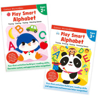 Play Smart Alphabet set, The left book shows a penguin with his wings out. Floating above his head are the letters A, B, and C and a banana, car, and apple. On the right book cover is a panda performing magic. The panda is wearing a pink scarf and holding a colorful top hat and a wand. There is a small money resting on the panda's head. Above the panda, floating in the air above the panda are the letters A, B, C, D, E, F, and several items including a baby crocodile, blue car, chocolate donut, and a flower.