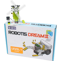Robotis Dream 2 box with a windmill robot structure on top of the box. The box cover shows a crab-like robot with a white background and illustrations of robot pieces in the upper-right corner.