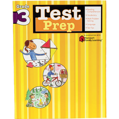 Test Prep Grade 3 book. The background is striped with different shades of yellow. The title at the top is next to a list of items covered in the book, including; Reading Comprehension, Vocabulary, Math Problem Solving, Language, and Test Tips. Below and to the left are 3 illustrations in circle frames. The top one is of a girl making a kite, the middle and slightly right is a boy riding his bike past a grocery shop, and the bottom is of 2 children around a camp fire.