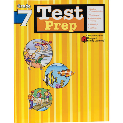 Test Prep Grade 7 book. The background is striped with different shades of yellow. The title at the top is next to a list of items covered in the book, including; Reading Comprehension, Vocabulary, Math Problem Solving, Language, and Test Tips. Below and to the left are 3 illustrations in circle frames. The top is of 3 boys running on a track and 2 girls diving into a pool, the middle is of 2 fish and 1 seahorse swimming, and the bottom is of 3 hikers crossing a log bridge.