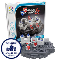 Walls & Warriors game box showing the game in play with the game setup in front of it. The game base looks like a gray rock island with circles cut into squares on the top, allowing game pieces to be put in place. The silver knight characters have red and blue flags and shields. There are castle wall pieces placed on the board, separating a blue knight piece from 2 red knight pieces. In the bottom left is a badge reading “Winner! A top 10 gift of 2022.”