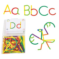 GeoStix Letter Construction Set. The box, in the lower-left corner, is open with pieces and activity cards in side. To the right is a praying mantis, created from the GeoStix pieces. There are letters at the top created from the GeoStix in the sequence of capital A, lowercase A, capital B, lowercase B, capital C, lowercase C. The GeoStix pieces are in many shapes and colors, including; multiple sizes of straight pieces, and multiple sizes of curved, circular, pieces.